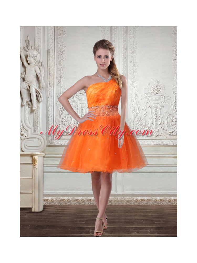 Pretty Orange Beading Organza One Shoulder Cocktail Dress in Mini Length