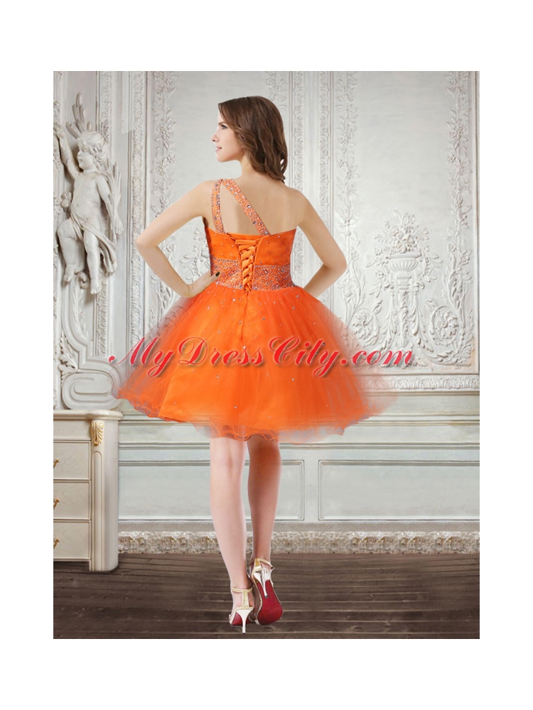 Pretty Orange Beading Organza One Shoulder Cocktail Dress in Mini Length