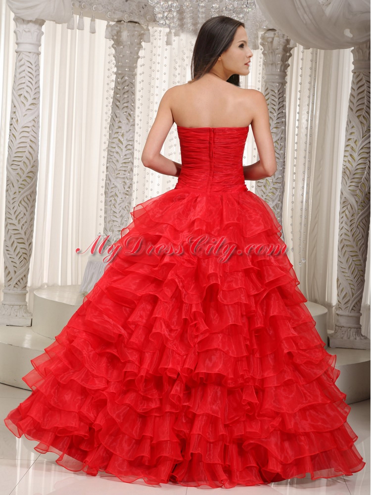 Red Strapless High Low Prom Dresses with Ruffle Layers