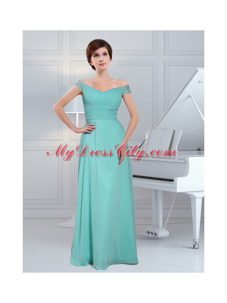 Simple Aque Blue Off The Shoulder Prom Dress With Beading and Ruching