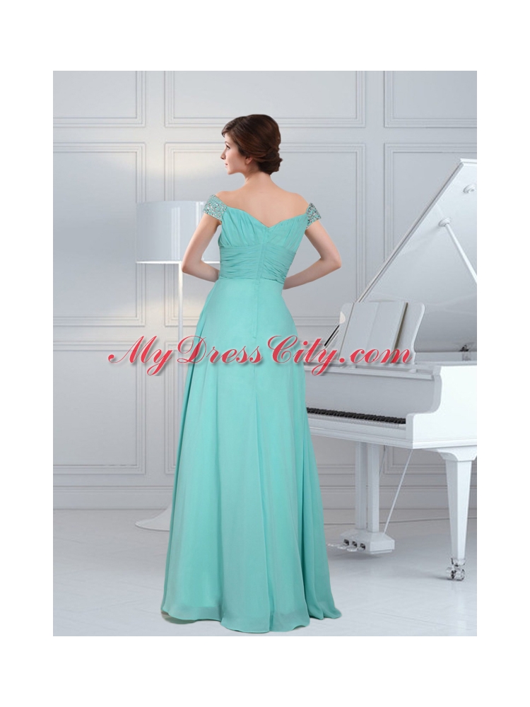 Simple Aque Blue Off The Shoulder Prom Dress With Beading and Ruching