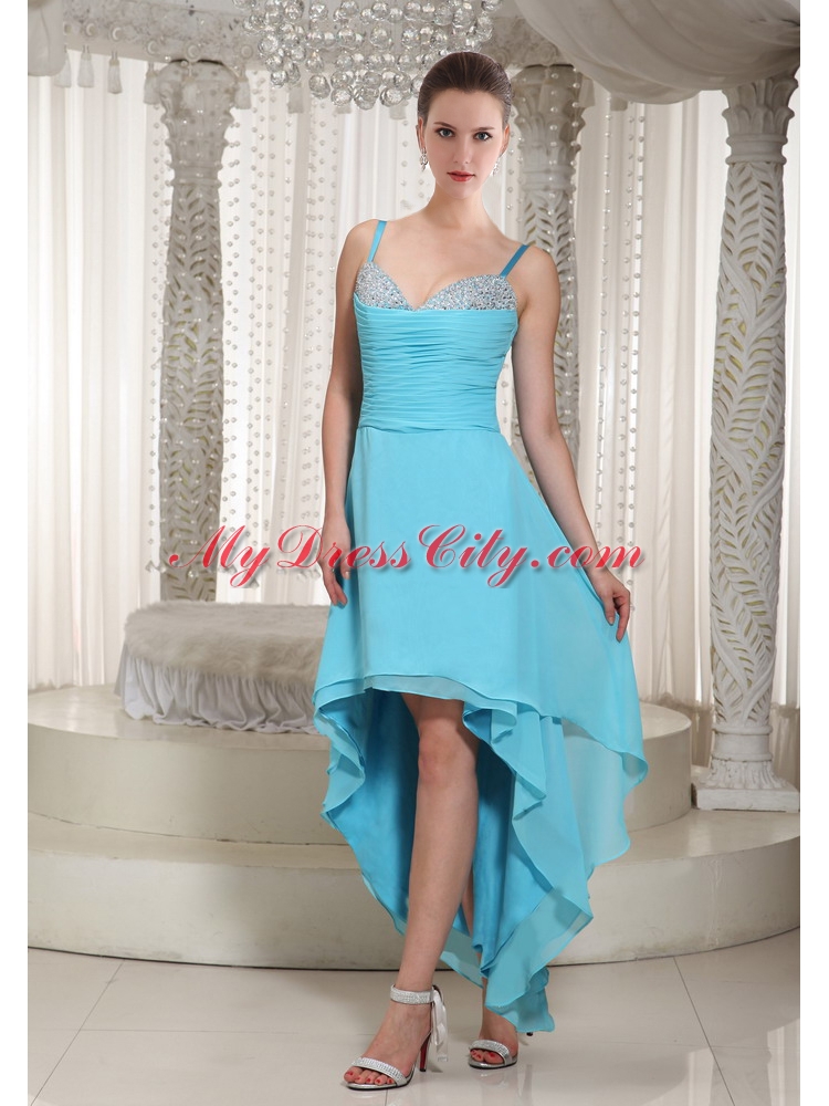 Spaghetti Straps Aqua Blue Chiffon High Low Prom Dress with Beading