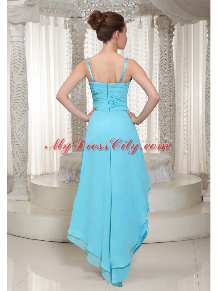 Spaghetti Straps Aqua Blue Chiffon High Low Prom Dress with Beading