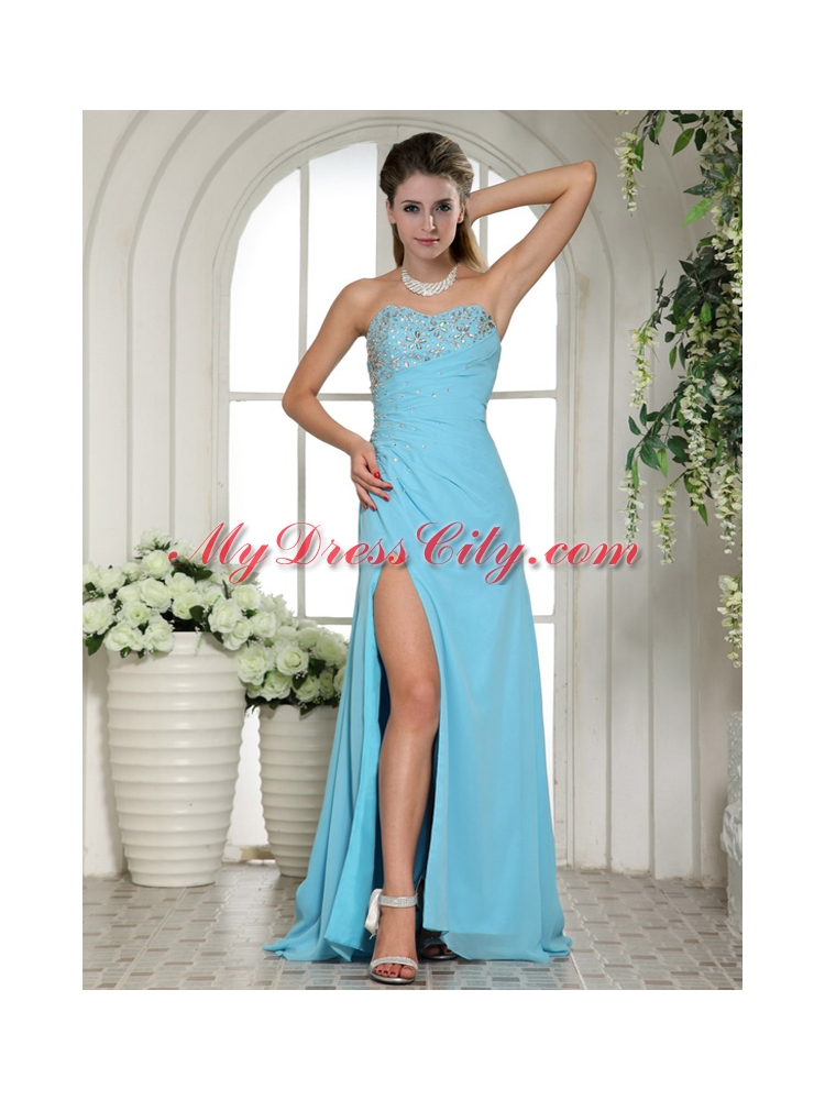 Sweetheart High Slit Beading Aqua Blue Prom Dress with Brush Train