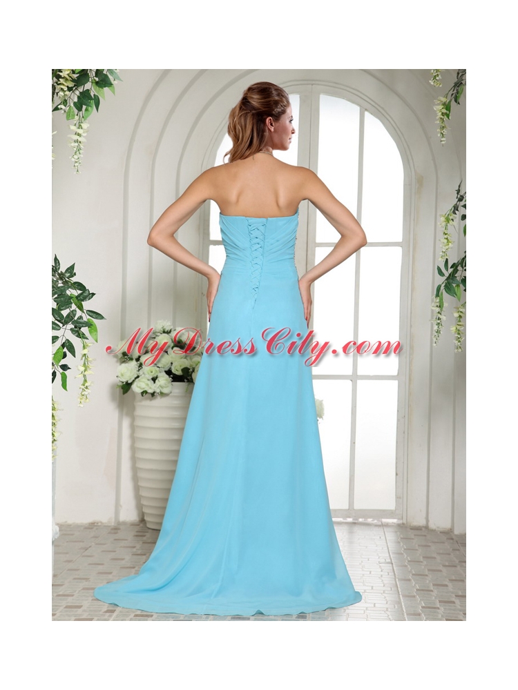 Sweetheart High Slit Beading Aqua Blue Prom Dress with Brush Train