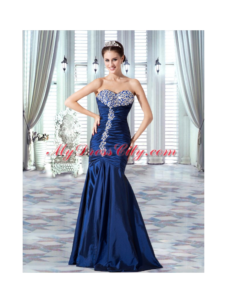 Taffeta Navy Blue Sweetheart Mermaid Prom Dress with Ruching and Beading