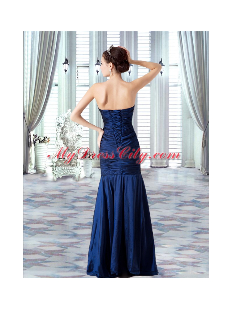 Taffeta Navy Blue Sweetheart Mermaid Prom Dress with Ruching and Beading