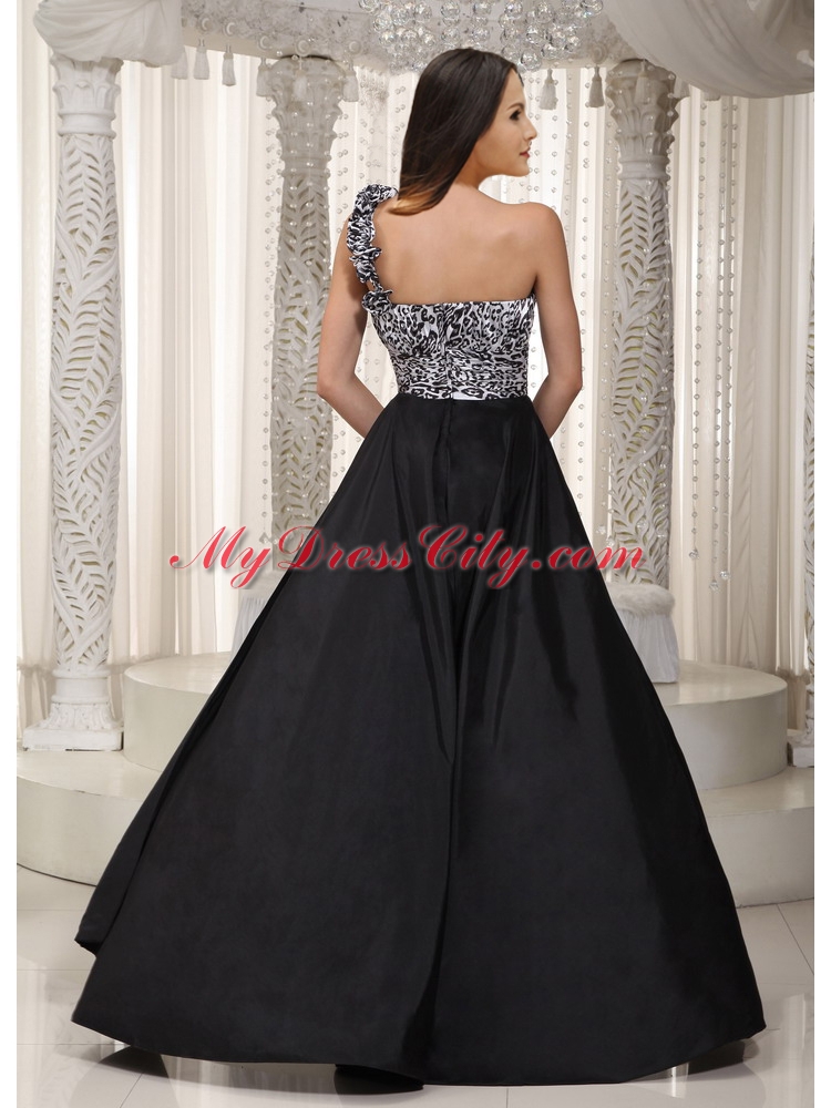 Column One Shoulder Sweetheart Ruched Leopard Black and White Prom Dress