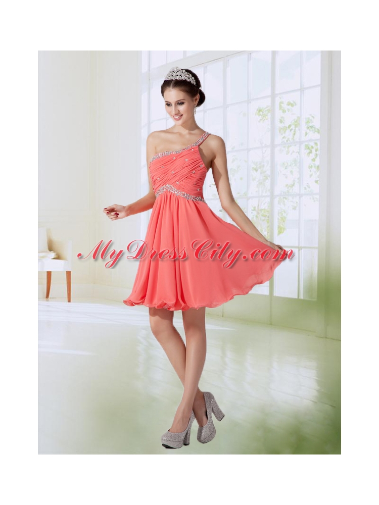 Cute One Shoulder Chiffon Empire Prom Dress in Watermelon