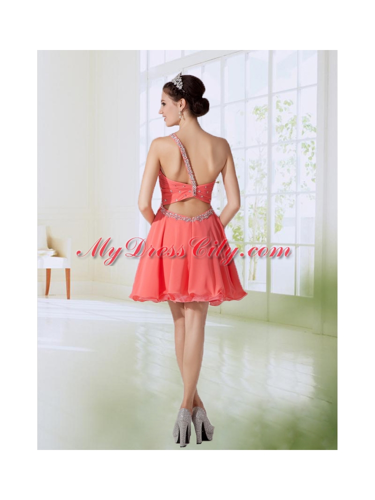 Cute One Shoulder Chiffon Empire Prom Dress in Watermelon