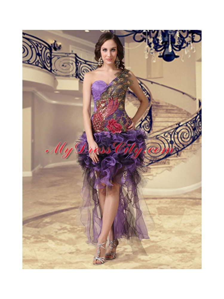 Exclusive High Low Column Appliques One Shoulder Prom Dress in Purple