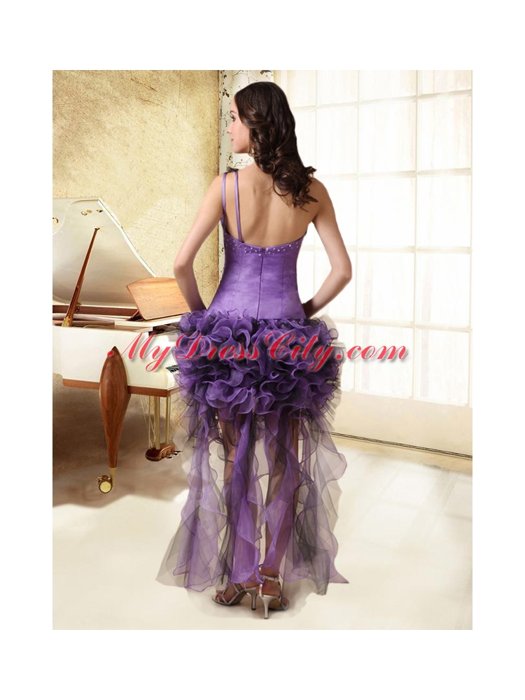 Exclusive High Low Column Appliques One Shoulder Prom Dress in Purple