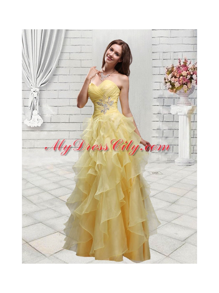 Fashionable Empire Yellow Sweetheart Prom Dress with Ruffles and Appliques