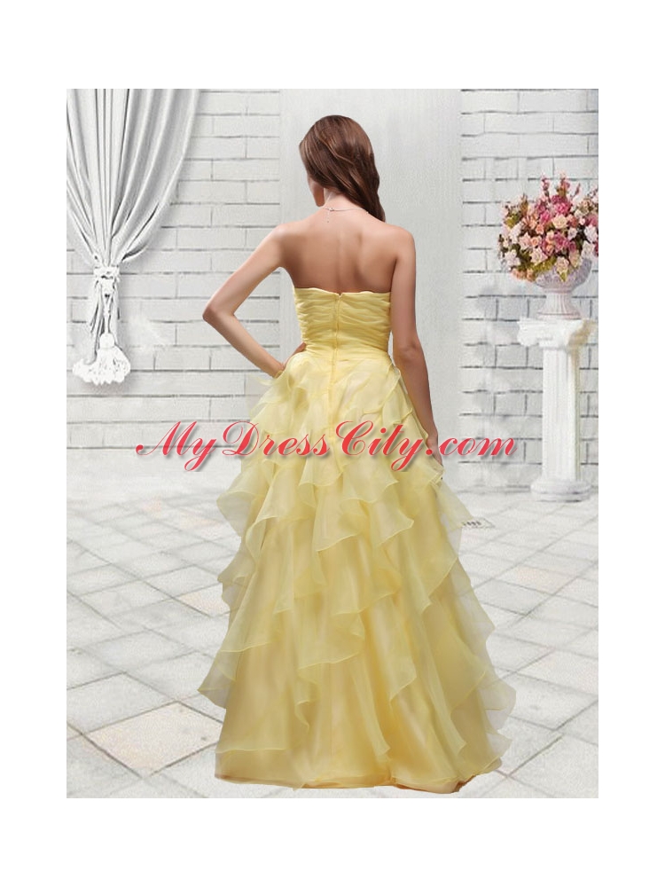 Fashionable Empire Yellow Sweetheart Prom Dress with Ruffles and Appliques