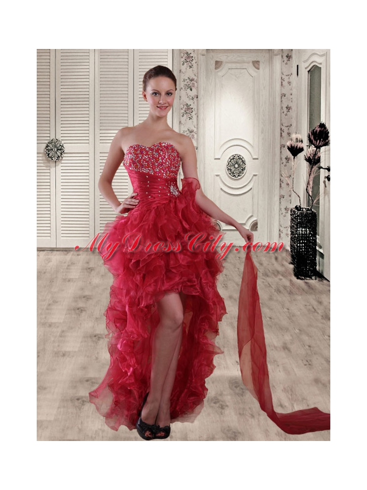 Gorgeous Red Sweetheart Column High Low Beading Prom Dress