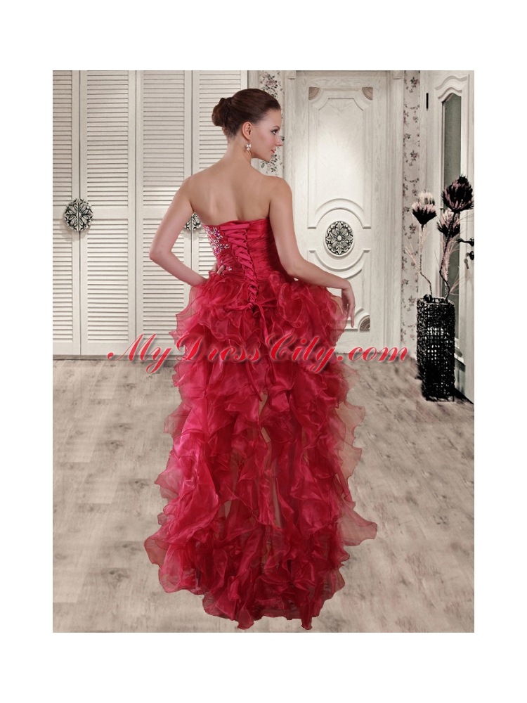 Gorgeous Red Sweetheart Column High Low Beading Prom Dress