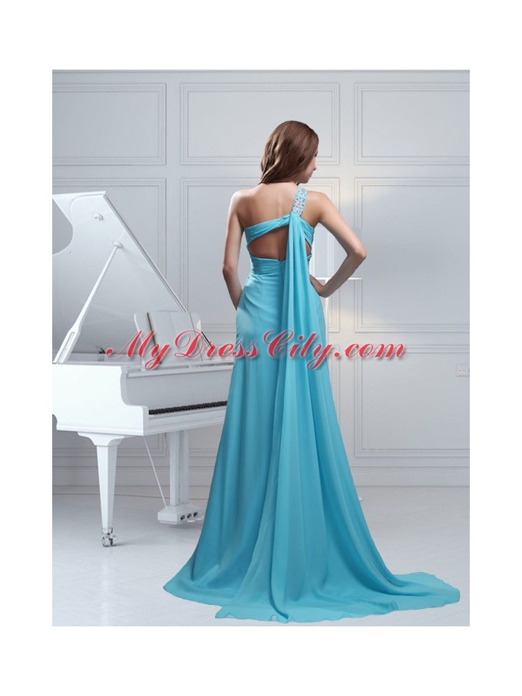 Hot Sale One Shoulder Watteau Train Column Prom Dress in Aqua Blue