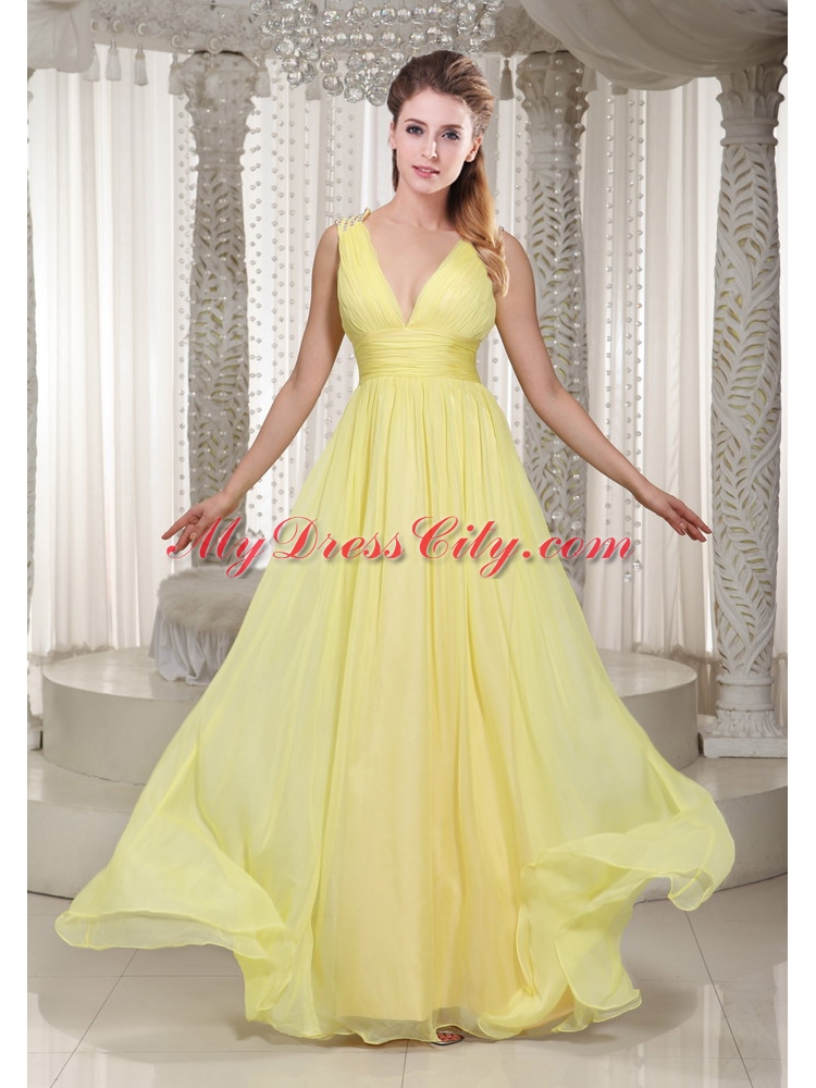 Latest Light Yellow V Neck Chiffon Prom Dress with Beading and Straps