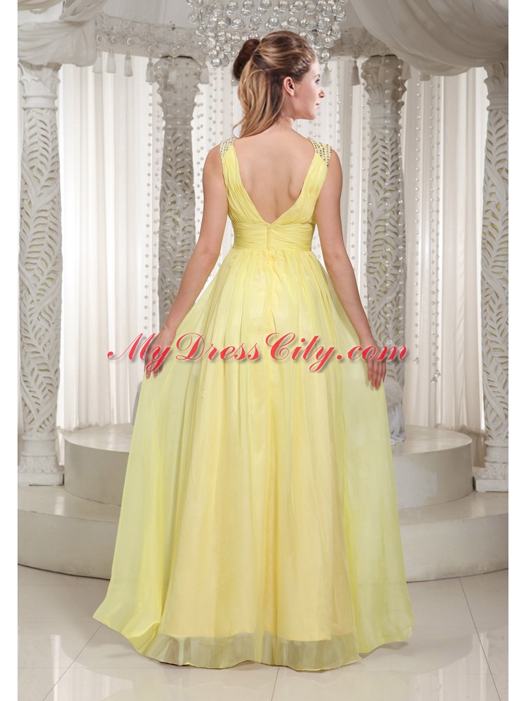 Latest Light Yellow V Neck Chiffon Prom Dress with Beading and Straps