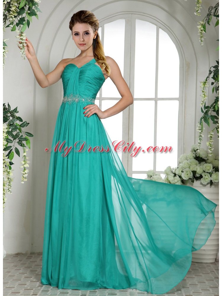 One Shoulder Turquoise Chiffon Brush Train Prom Dress With Ruching and Beading