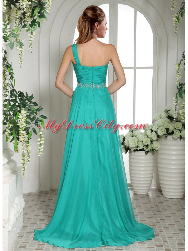 One Shoulder Turquoise Chiffon Brush Train Prom Dress With Ruching and Beading