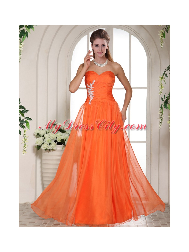 Orange Red Appliques and Ruching Sweetheart Prom Dress With Beading