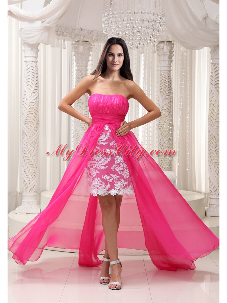 Pleating High Low Hot Pink Sashed Strapless Prom Dress with Lace