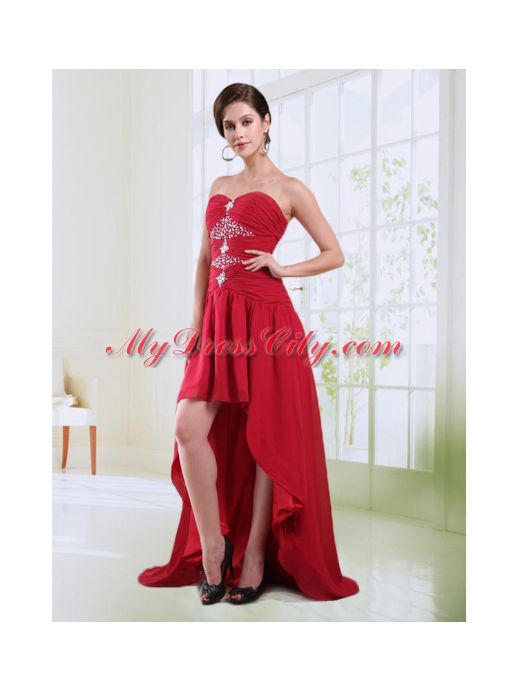 Red Sweetheart High Low Prom Dress with Beading and Ruching