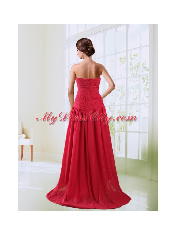 Red Sweetheart High Low Prom Dress with Beading and Ruching