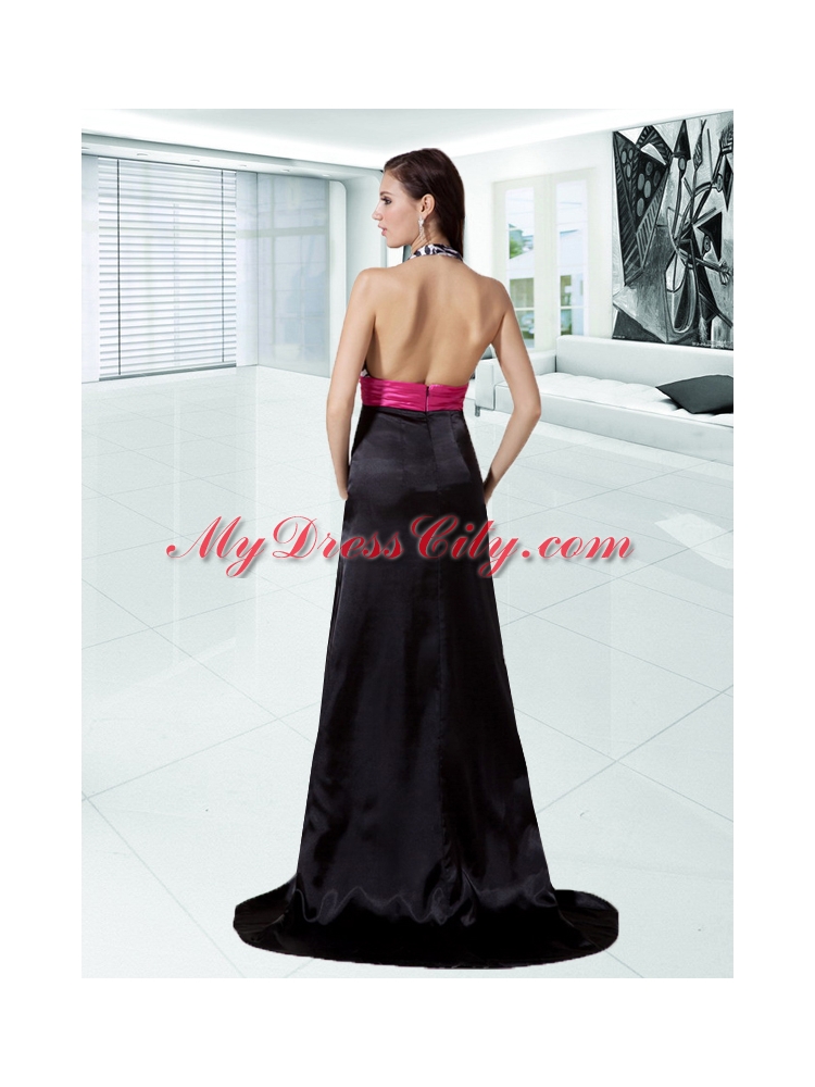 Sexy Black Column Brush Train Prom Dress with Halter