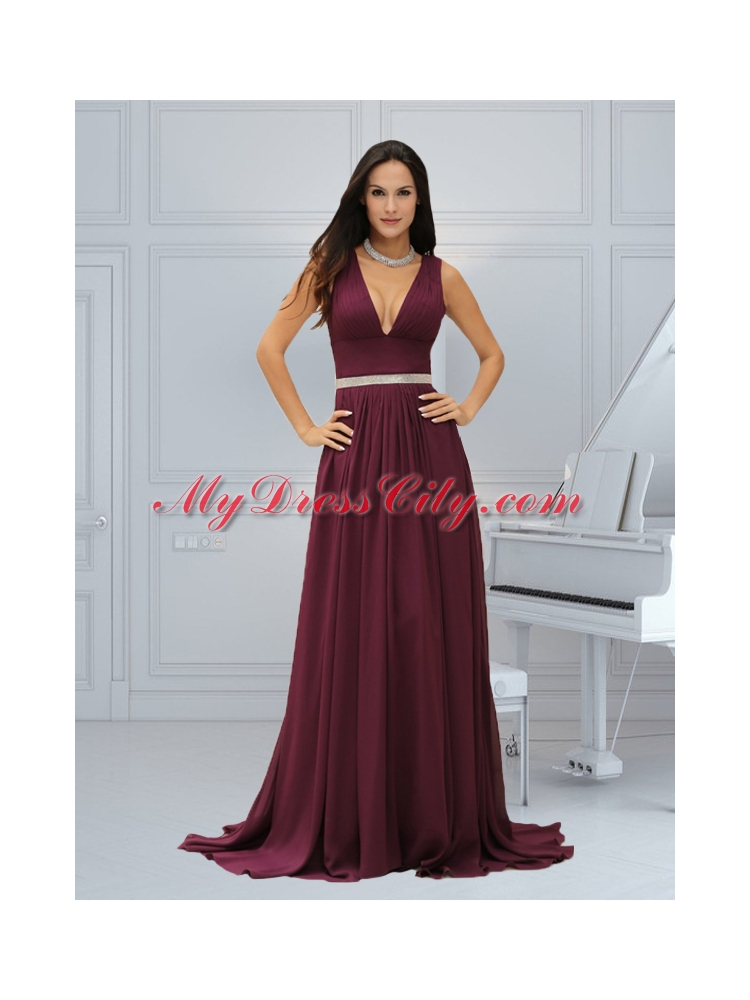 Sexy Burgundy Empire Chiffon Prom Dress with Brush Train