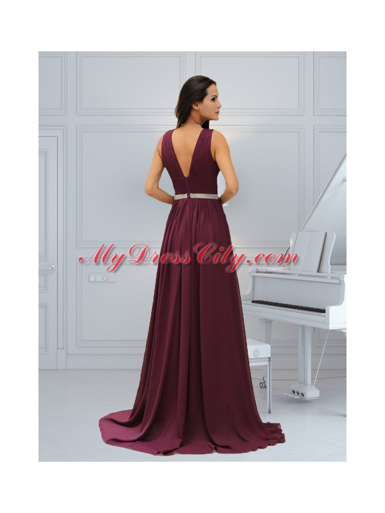 Sexy Burgundy Empire Chiffon Prom Dress with Brush Train