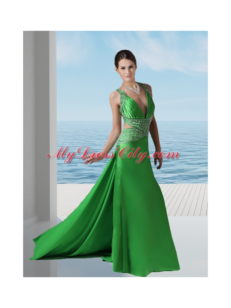 Sexy Spring Green V-neck Prom Dress with Beading and Ruching