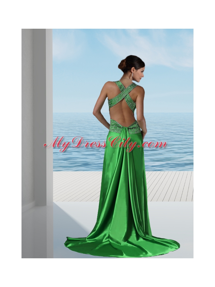 Sexy Spring Green V-neck Prom Dress with Beading and Ruching