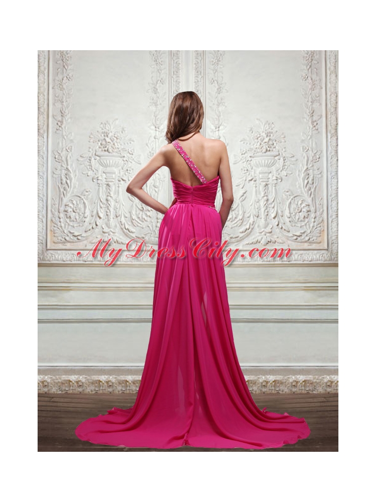 Sweet One Shoulder Beading Hot Pink Prom Dress with Brush Train