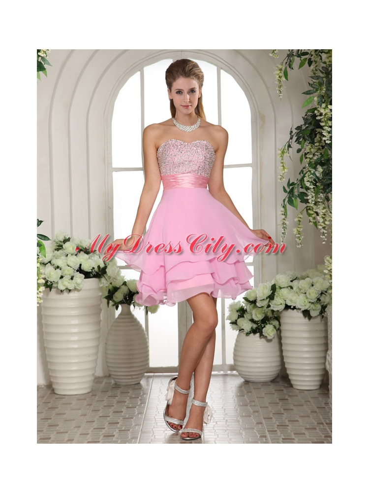 Sweetheart Beaded Baby Pink Pretty Prom Dress with Sashes