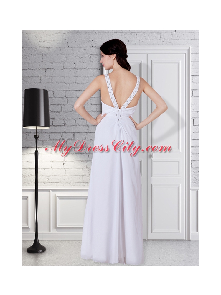 Affordable White Chiffon Empire Beading and Ruching Straps Prom Dress