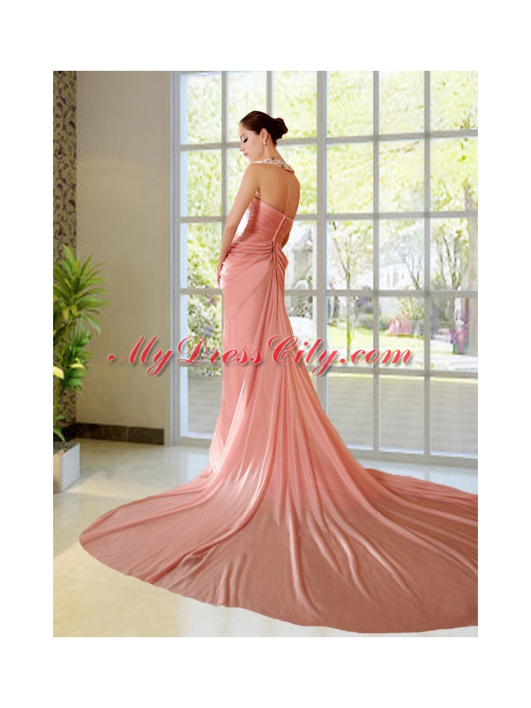 Beading and Ruching Halter Chiffon Column Chapel Train Prom Dress