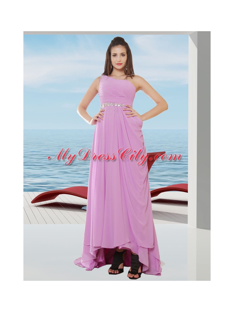 Chiffon Empire One Shoulder Lavender Prom Dress with Ruching and Beading