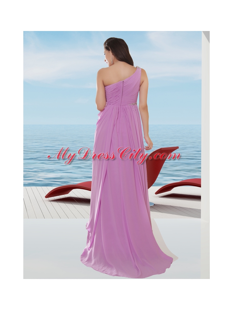 Chiffon Empire One Shoulder Lavender Prom Dress with Ruching and Beading