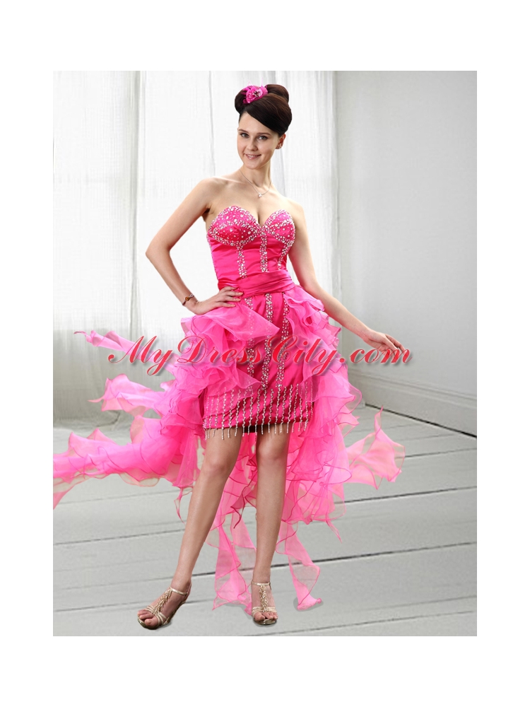 Cute Sweetheart High Low Hot Pink Column Prom Dress with Beading