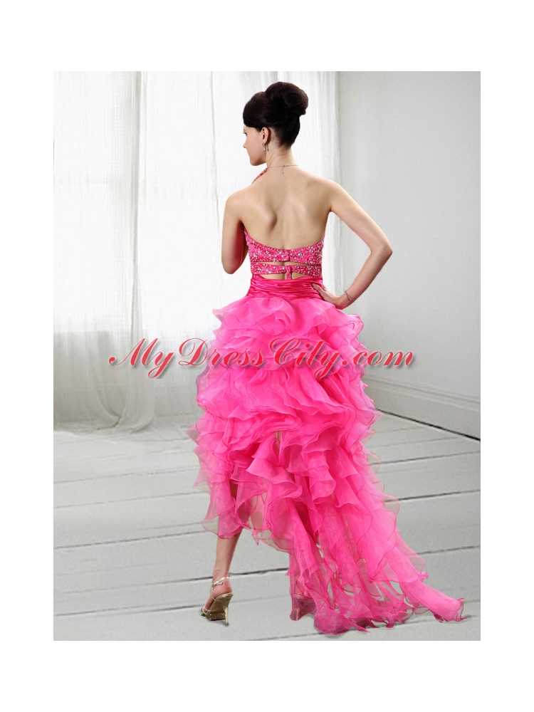 Cute Sweetheart High Low Hot Pink Column Prom Dress with Beading