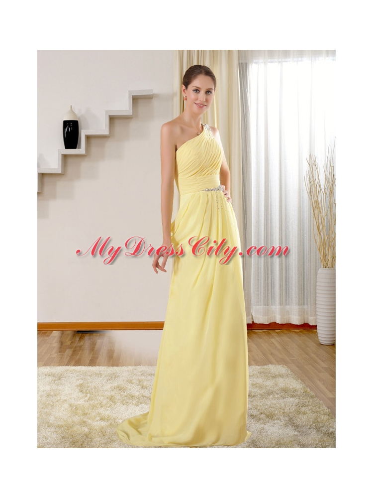 Elegant Column One Shoulder Brush Train Beading  Prom Dress in Yellow