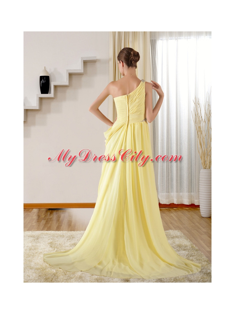 Elegant Column One Shoulder Brush Train Beading  Prom Dress in Yellow