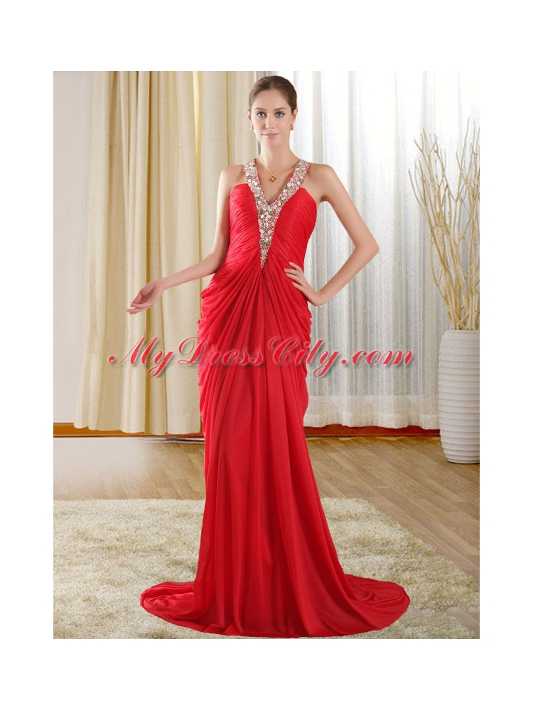 Fashionable Halter Beading Red Prom Dress with Chapel Train