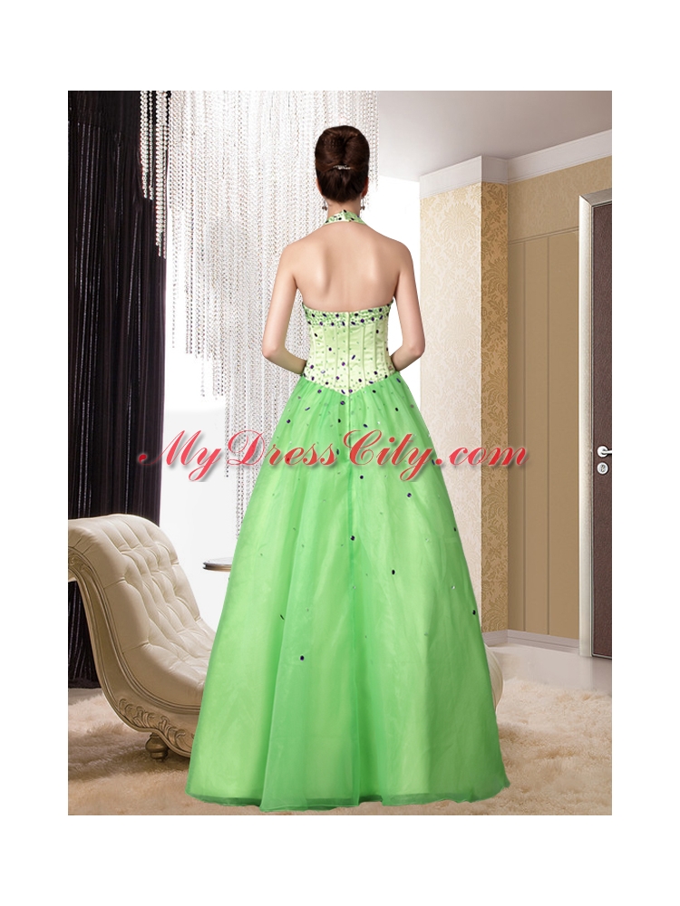 Good Looking Halter A Line Floor Length Beading Prom Dress in Spring Green