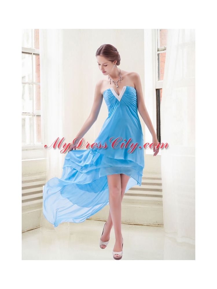 High Low Baby Blue Princess Chiffon Prom Dress with Beading