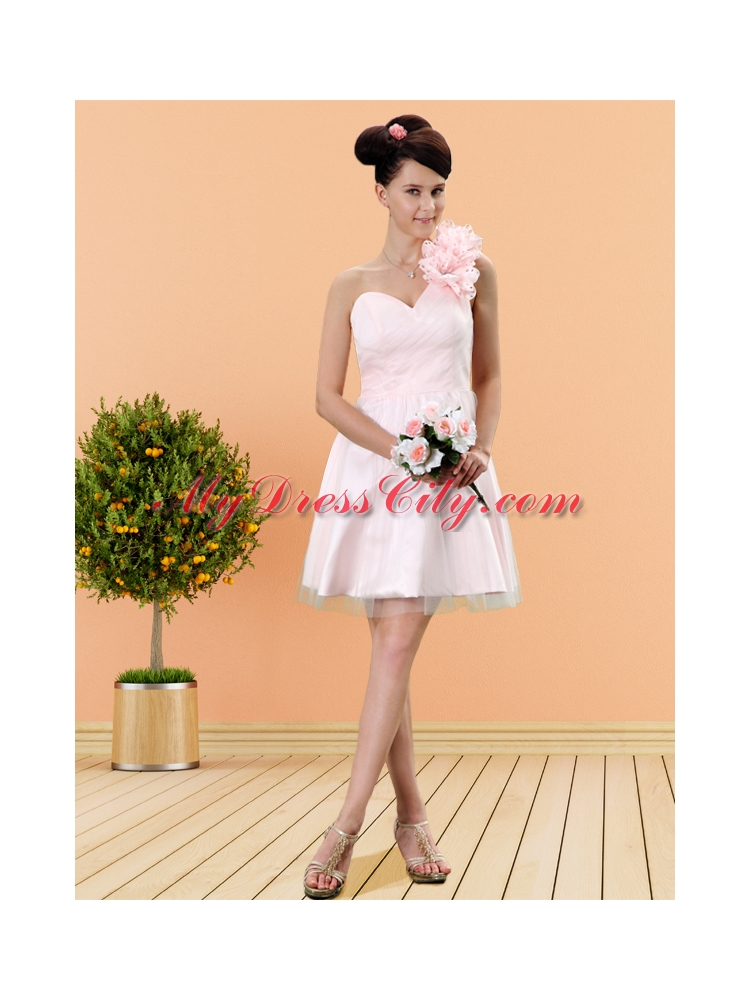 Light Pink One Shoulder Tulle A Line Prom Dress with Zipper