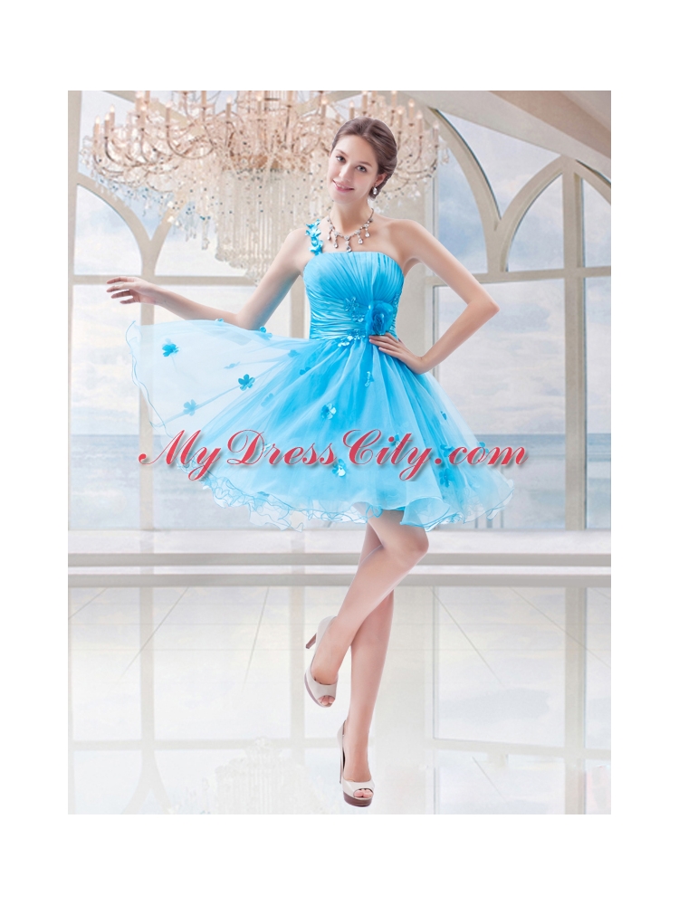 Organza Princess Appliques One Shoulder Baby Blue Prom Dress for 2015