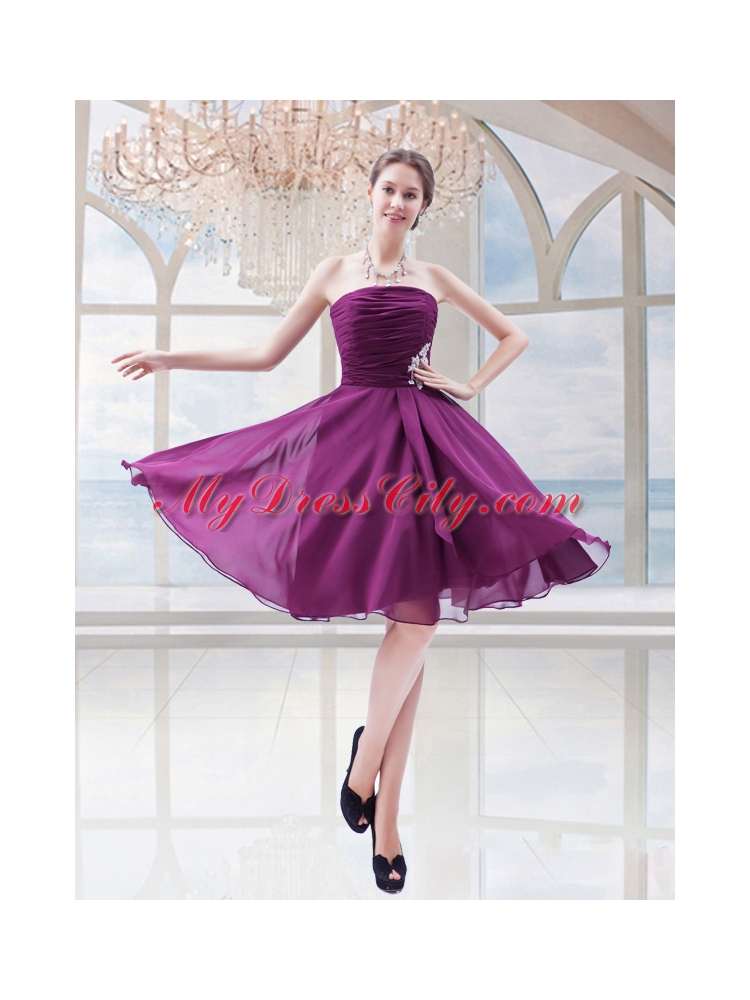 Simple Column Chiffon Appliques Strapless Prom Dress in Dark Purple